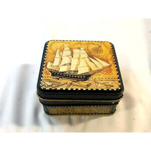 Vintage Square Metal Tin Sailing Ship Nautical Map Design Decorative Storage